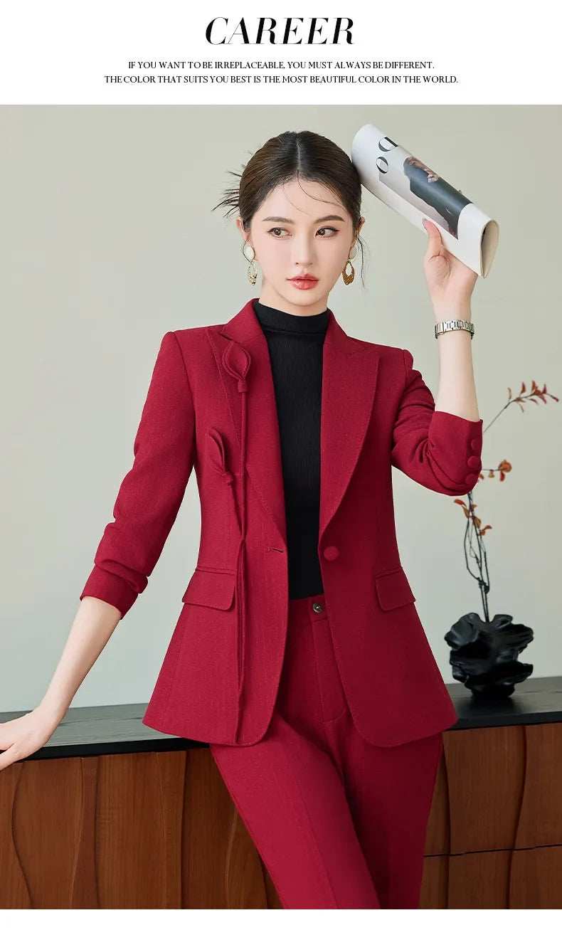 High End Khaki Elegant Fashion Two Piece Set Fashion Women Slim Single Button Blazer And Flare Pant Office Lady Work Wear