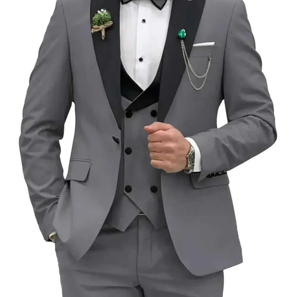 Elegant 3-Piece Men's Suit Slim Fit Double Breasted Blazer Vest And Pants Set for Wedding Groom Tuxedo Business Party