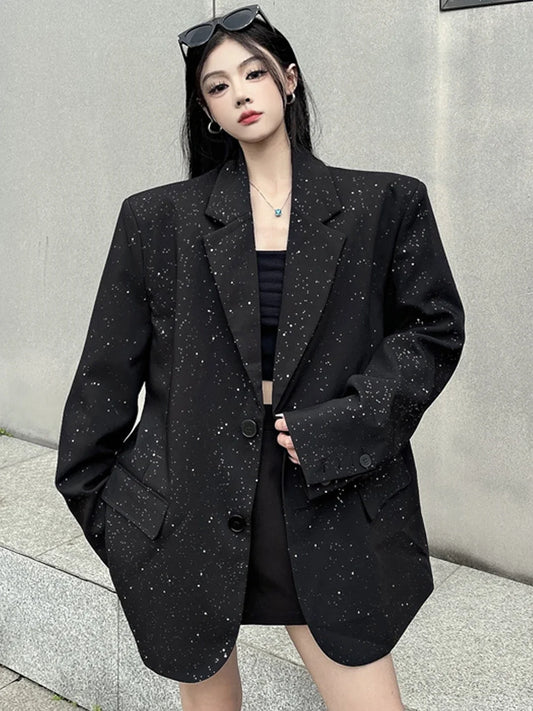 Dark Cool Design Sparkling Sequin Women's  Loose Fit Spring 2026 Fashion Outerwear Polyester Long Sleeve Single Button