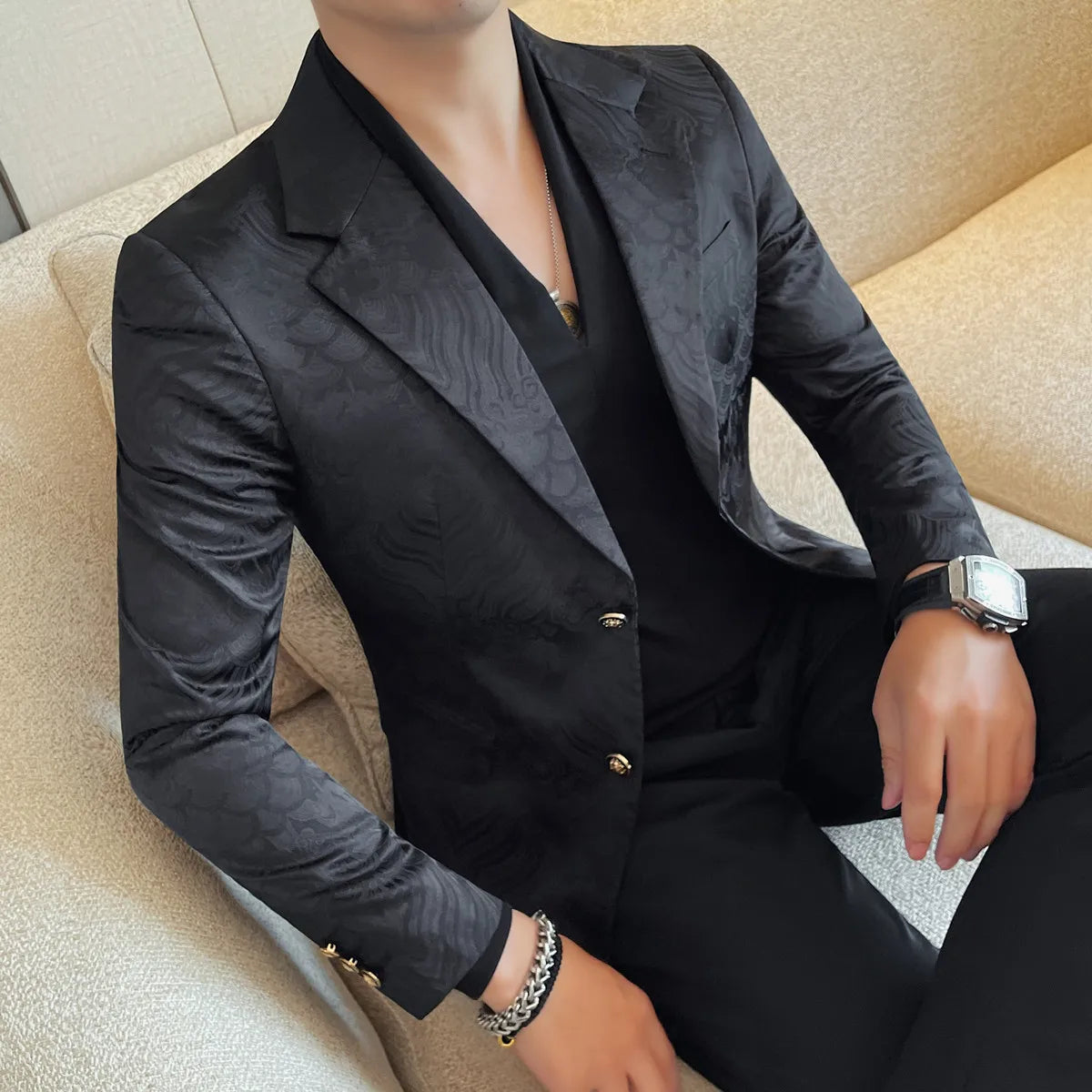 Luxury Jacquard Casual Suit Jacket for Men Autumn Korean Fashion Business Social Blazers Handsome Office Wedding Dress Jacket