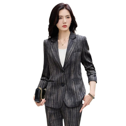 Fashion Women Striped Pants Suit New Spring Business Formal Slim Long Sleeve Thin Blazer and Trousers Office Ladies Work Wear