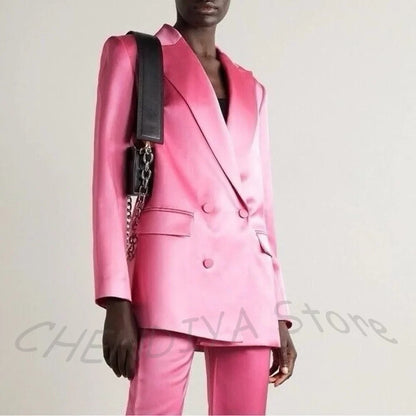 Tailored Business Attire Women Suit Elegant Satin Pink Peaked Lapel Slim Double Breastde Outfit Two Piece Office Work Female Set