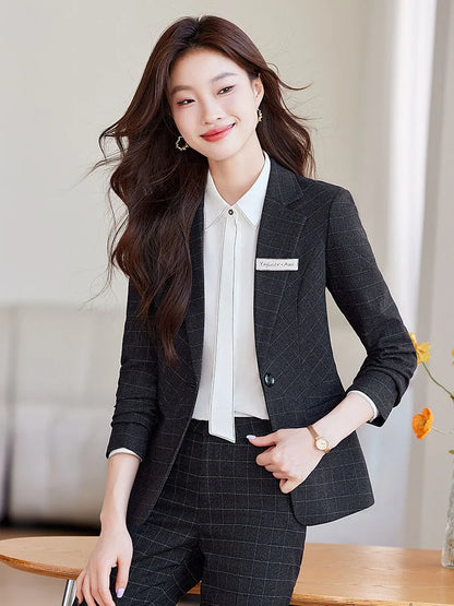 2024 Spring Autumn New Retro Plaid Elegant Blazer Coat And High Waist Pencil Pant Two Piece Set Women's Suit Business Clothing