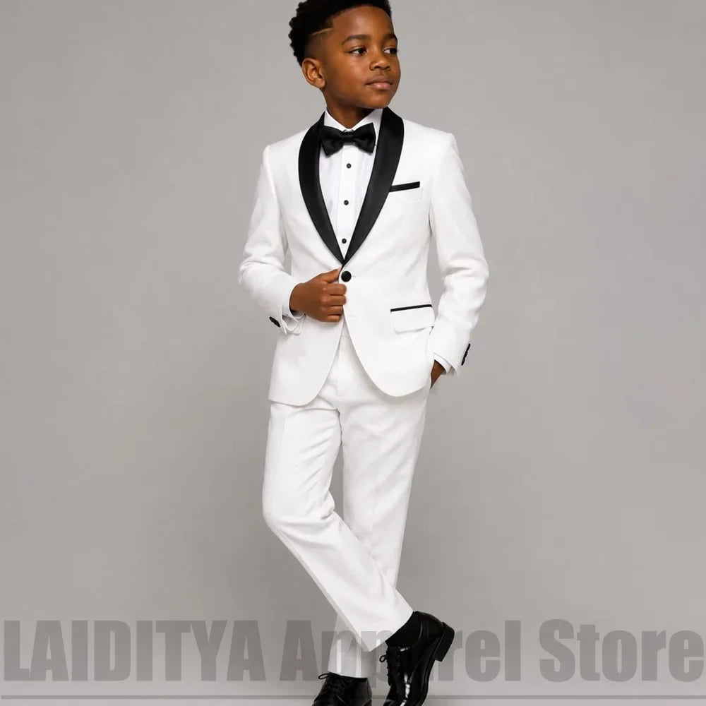 Boys White Tuxedo Suit with Black Satin Shawl Lapel Kids Formal Wedding Outfit Blazer Pants Bow Children Party Costume 2 Piece