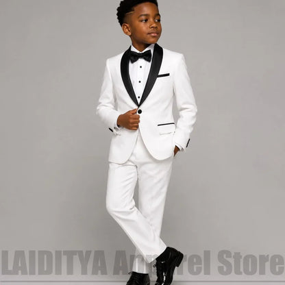 Boys White Tuxedo Suit with Black Satin Shawl Lapel Kids Formal Wedding Outfit Blazer Pants Bow Children Party Costume 2 Piece