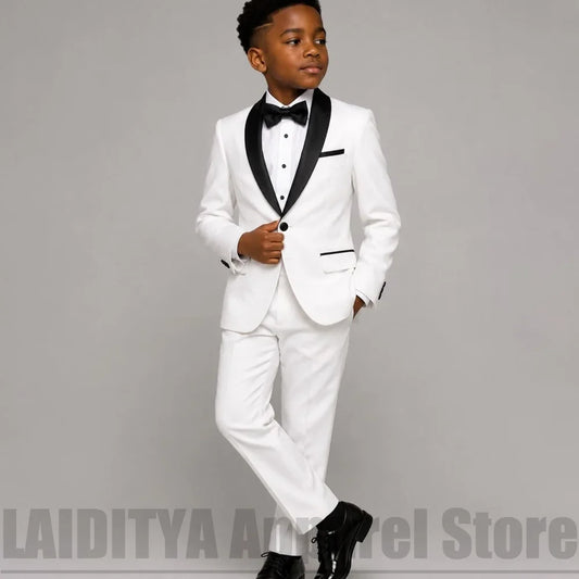 Boys White Tuxedo Suit with Black Satin Shawl Lapel Kids Formal Wedding Outfit Blazer Pants Bow Children Party Costume 2 Piece