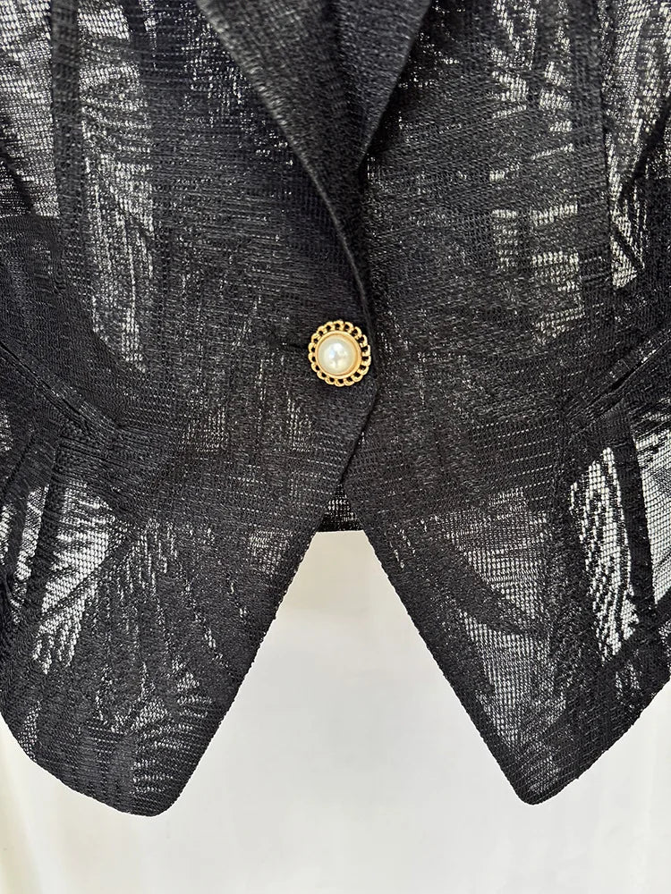 2026 Spring New Women Blazer Sheer Mesh Embroidery Waist Cinching Slim Fit Single Button Elegant Sexy Luxury Jacket HK18562