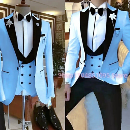Royal blue Classic Solid Lapel 3-Pieces Men's Suit Slim Fit Elegant Blazer Vest Pant Set For Wedding And Business