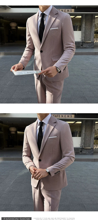 (Jacket +Pants) 2025 New Luxury Elegant Men's Suits 2 Piece Set Fashion Korean Casual Slim Fit Social Groom Wedding Tuxedo