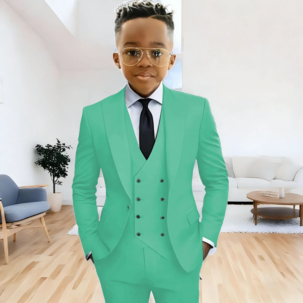 Dark Green boy's suit 3-piece jacket vest pants Peaked lapel slim fit attire for wedding prom dinner party custom kids tuxedo