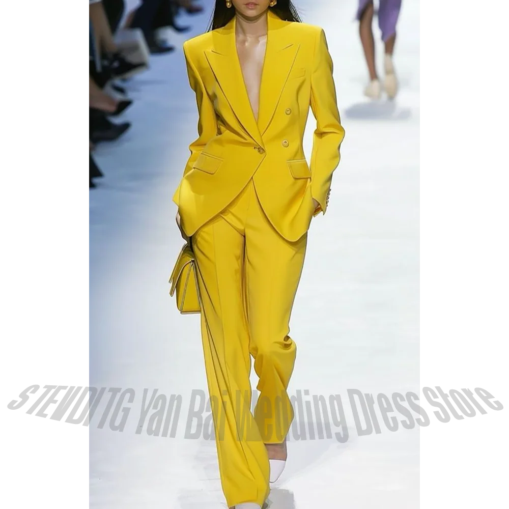 Fashion Show Women's Suit Straight Casual Single Button Peaked Lapel Blazer Pants Set Elegant Lady Formal Two Pieces Outfit