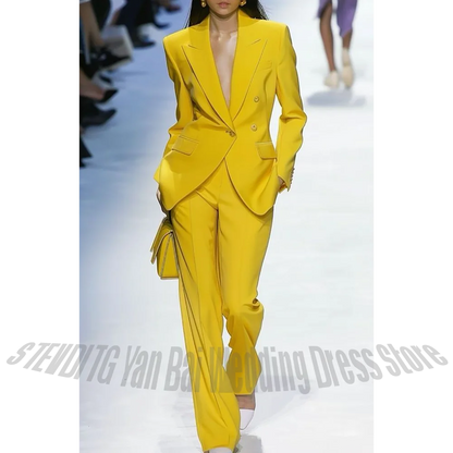 Fashion Show Women's Suit Straight Casual Single Button Peaked Lapel Blazer Pants Set Elegant Lady Formal Two Pieces Outfit