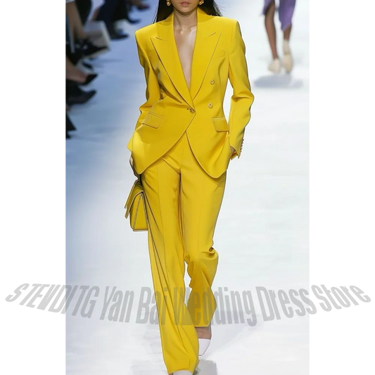 Fashion Show Women's Suit Straight Casual Single Button Peaked Lapel Blazer Pants Set Elegant Lady Formal Two Pieces Outfit