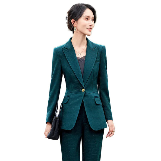 Office Ladies Formal Pant Suit 2 Piece Set Women Blue Green Red Female Long Sleeve Business Work Wear Blazer Jacket And Trouser