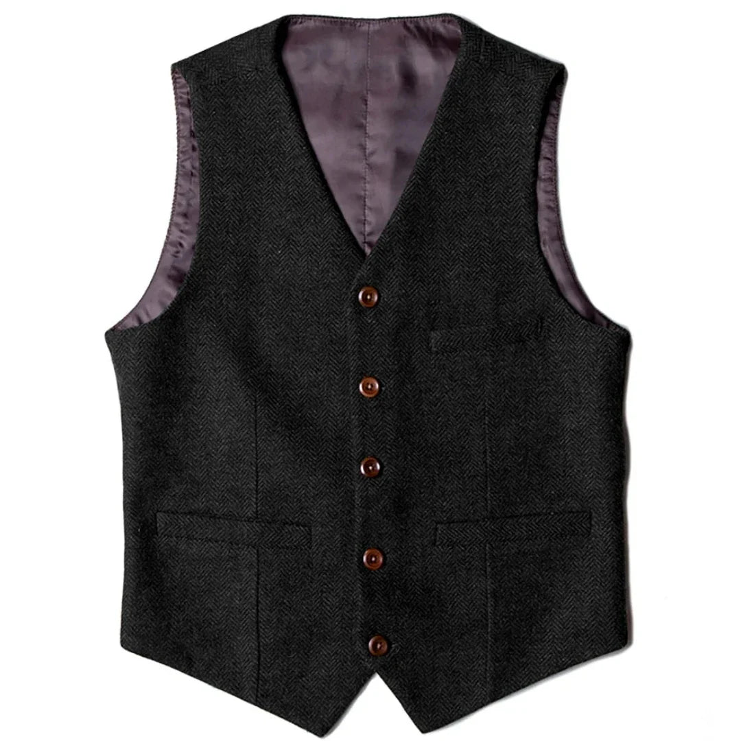 Men's Herringbone Vest Single Button V-Neck Waistcoat for Wedding & Business