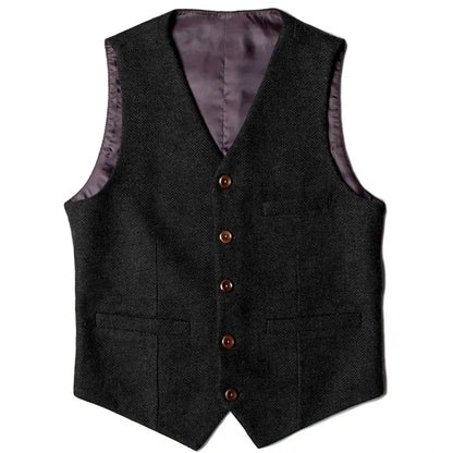 Men's Herringbone Vest Single Button V-Neck Waistcoat for Wedding & Business
