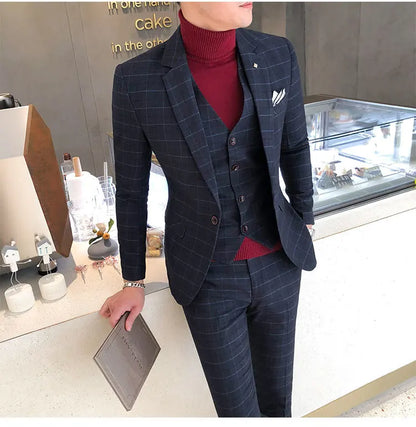 Luxury Men Slim Fit Check Suit Men Business Office Formal Suits 3 Pcs Set Blazers Pant Casual Wedding Social Tuxedo Dress Homme