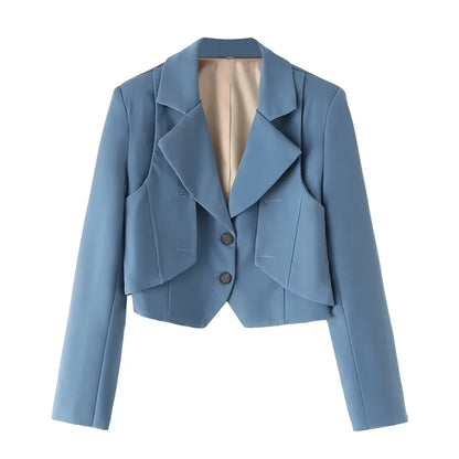 Women's Blue Blazer Jacket Vintage Office Ladies Long Sleeve Single Breasted Cropped Outerwear Suit Coat Y2k 2000s Spring Autumn