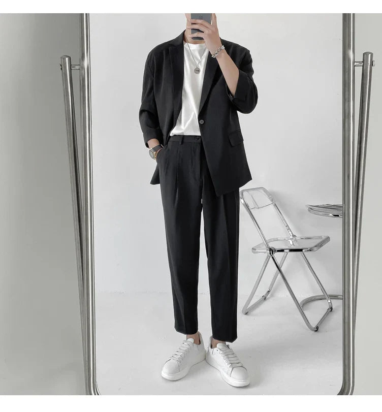 2022 Fashion Summer 2-piece Set Solid Color Single-breasted Casual Simple Student Wear Homme Loose Suits Wear (Blazers + Pants)
