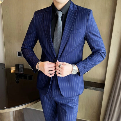 Men's Fashion High-Quality Slim Fit Two-Piece Suit Set Spring Autumn Stripes Business Casual Trousers And Jacket Combo