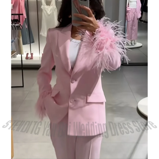 Luxury 2026 Women's Suit Set 2 Piece Exquisite Feather Single Breasted Peaked Lapel Blazer Pants Formal Party Elegant Outfit