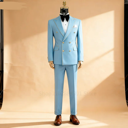 Men's Double-Breasted Suit Set – Peak Lapel, Solid 2-Piece for Wedding & Formal Occasions