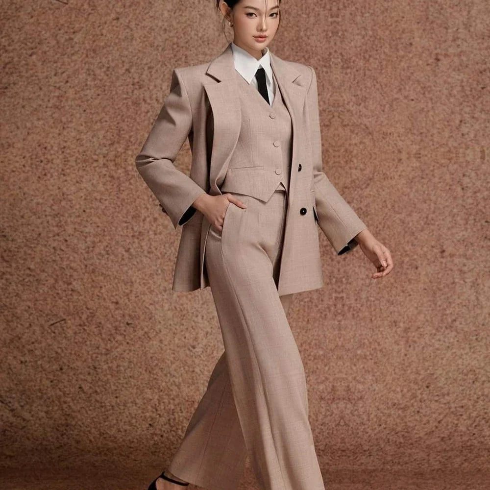 Professional Sharp Women's Beige 3-Piece Suit Double Breasted Office Lady Jacket+Vest+Pants Set Formal Female Dinner Outfit