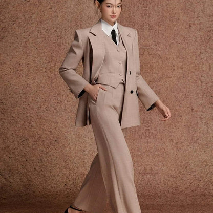 Professional Sharp Women's Beige 3-Piece Suit Double Breasted Office Lady Jacket+Vest+Pants Set Formal Female Dinner Outfit