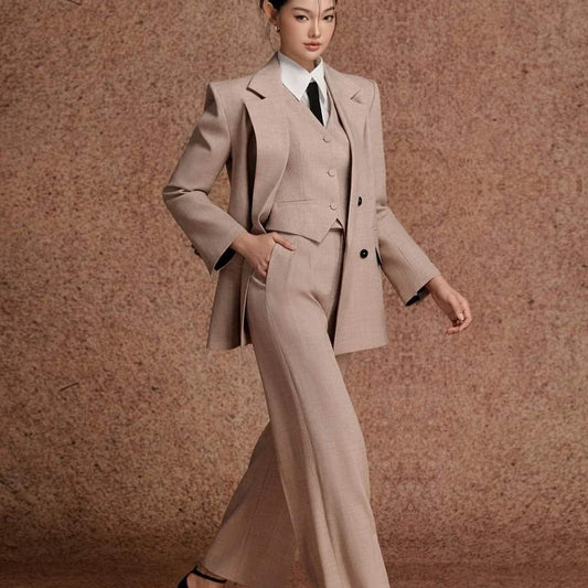 Professional Sharp Women's Beige 3-Piece Suit Double Breasted Office Lady Jacket+Vest+Pants Set Formal Female Dinner Outfit