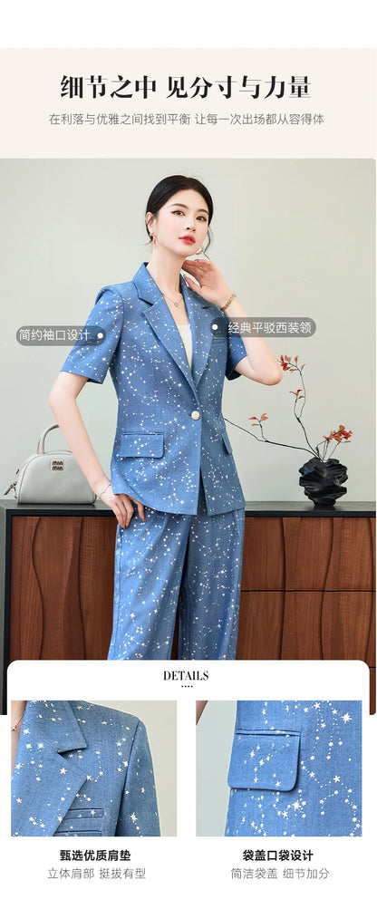 Fashion Blue Yellow Short Sleeve Professional Suit Women New Summer Elegant Formal Slim Blazer And Pants Office Ladies Work Wear
