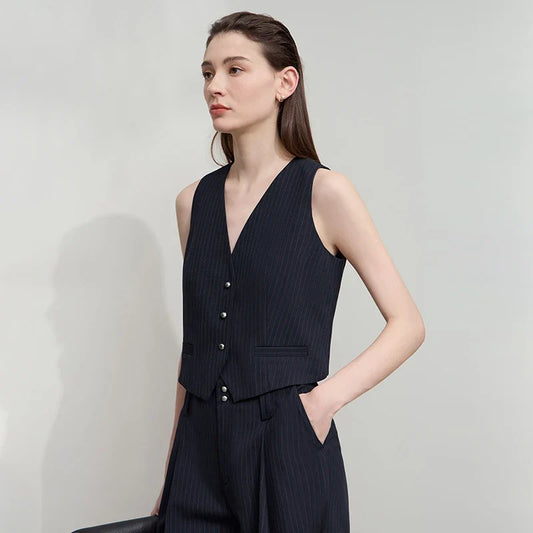 Women's Vest 2025 Autumn New V-neck Single Breasted Striped Sleeveless Vest Women Office Short Elegant Top Female 12523090