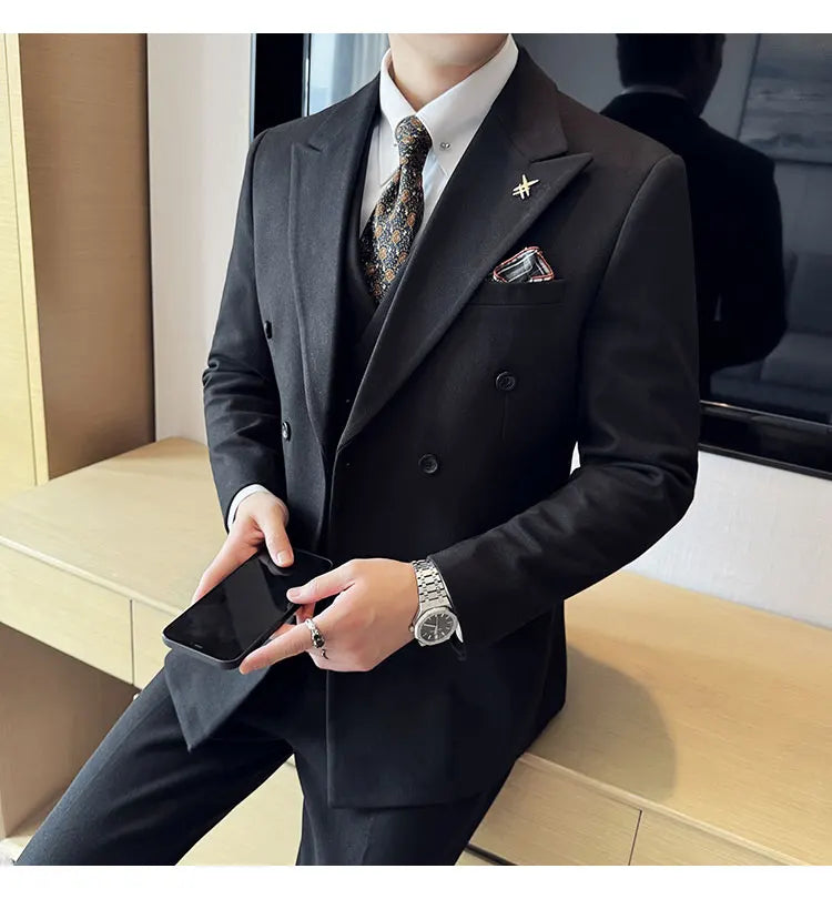 (Jacket+Pant) Autumn Winter Thickened Woolen Suit 2025 New High Quality Slim Business Tuxedo Fashion Wedding Social Suits