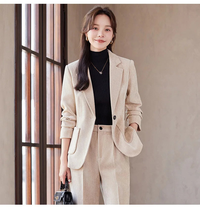 2024 Autumn New Corduroy Elegant Pant Suit Ladies Formal Business Work Wear 2 Piece Set Black Coffee Jacket Blazer And Trouser