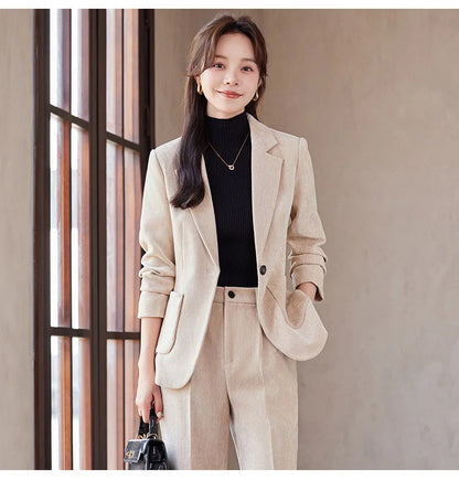 2024 Autumn New Corduroy Elegant Pant Suit Ladies Formal Business Work Wear 2 Piece Set Black Coffee Jacket Blazer And Trouser