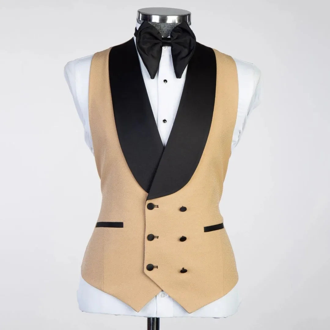 Men Suit Champagne 3 Piece With Black Lapel For Wedding Groom Banquet Party Birthday Prom Business Work Office Jacket Vest Pants