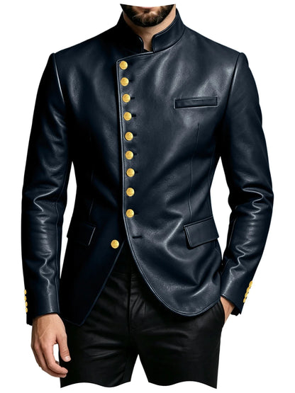Luxury PU Men's Suit Blazer Single Breasted Stand Collar Slim Fit Leather Jacket Vintage High Quality Business Party Male Tuxedo