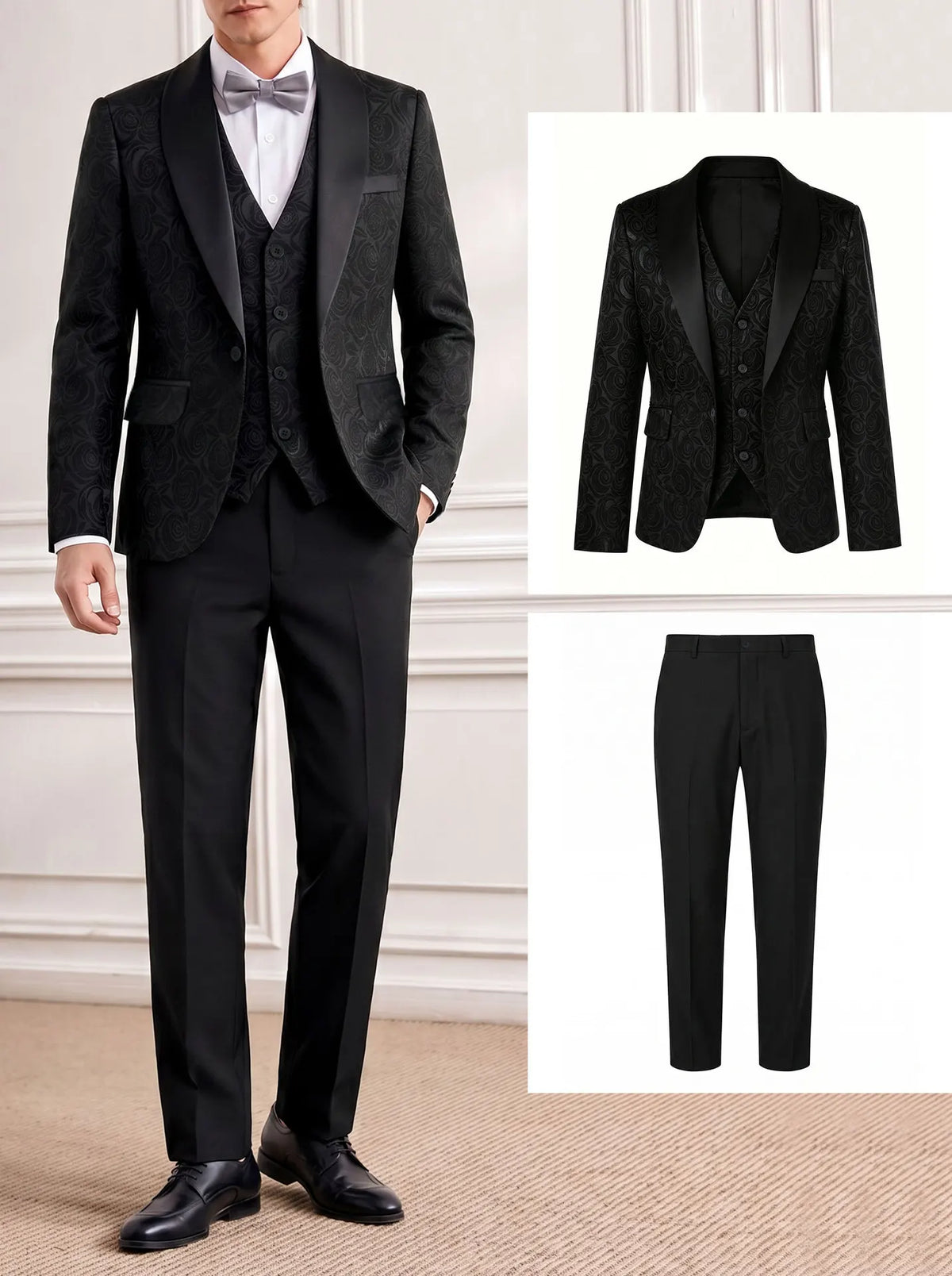 New Gentleman Men's 3‑Piece Jacquard Suit Set Blazer Vest Pants  Formal Outfit Tuxedo For Wedding Banquet Evening Party Occasion