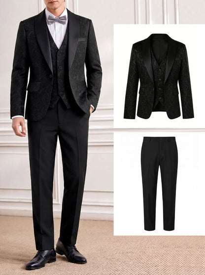 New Gentleman Men's 3‑Piece Jacquard Suit Set Blazer Vest Pants  Formal Outfit Tuxedo For Wedding Banquet Evening Party Occasion