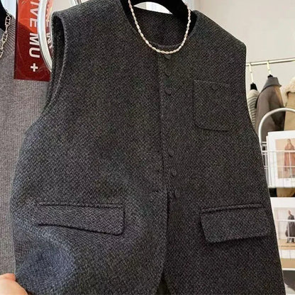 Women O- Neck Woolen Vest Coat European Female Cardigan Cotton Waistcoat Jacket Autumn Ladies Fashion  Sleeveless Tops Outwear
