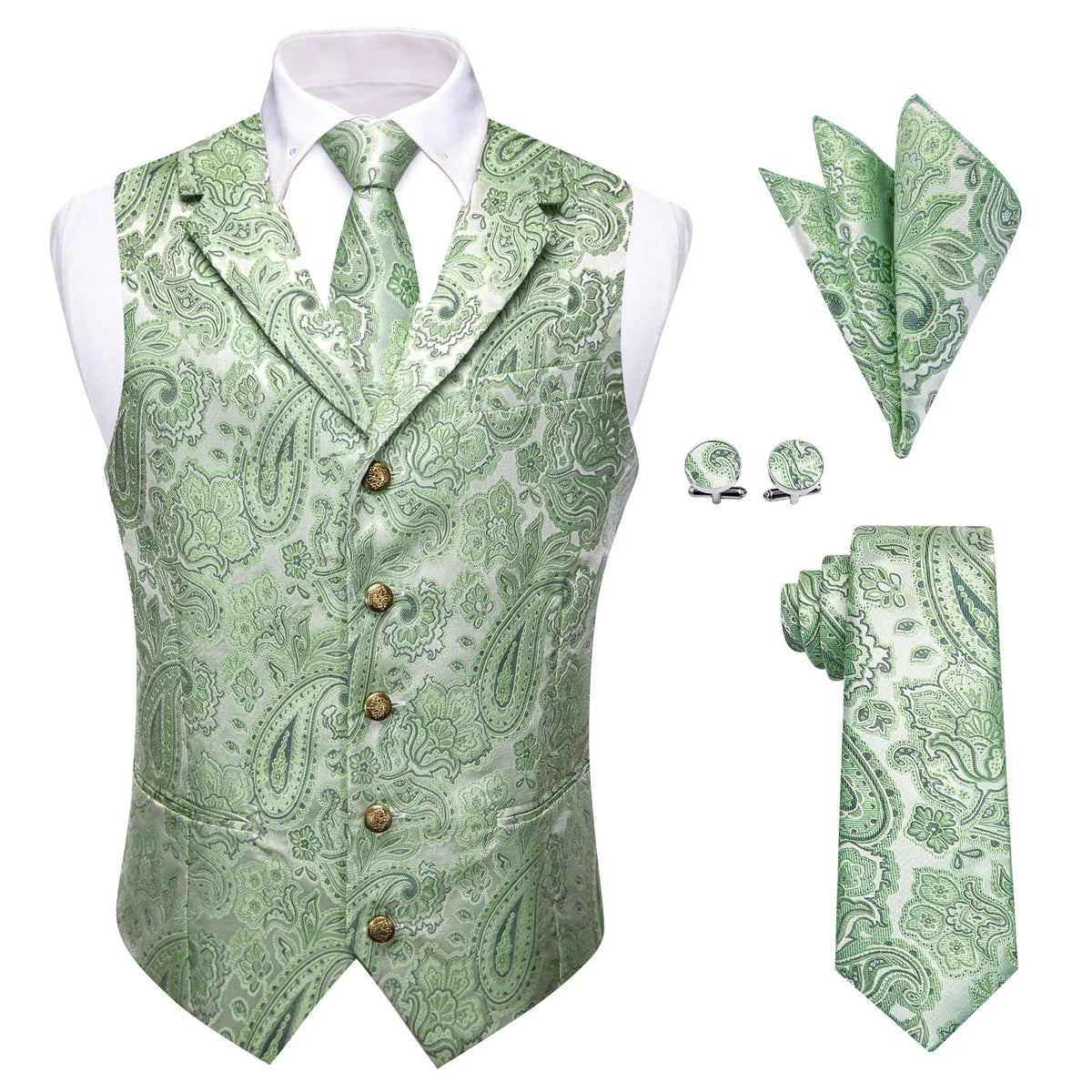 Men's Paisley Waistcoat with Matching Tie, Pocket Square and Cufflinks Set for Weddings and Business Events
