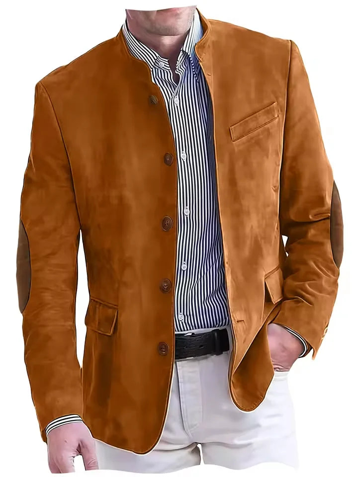 Vintage Men's Suede Blazer Elbow Patch Slim Fit Mandarin Collar Textured Fabric Jacket Business Casual Wedding Party Coat