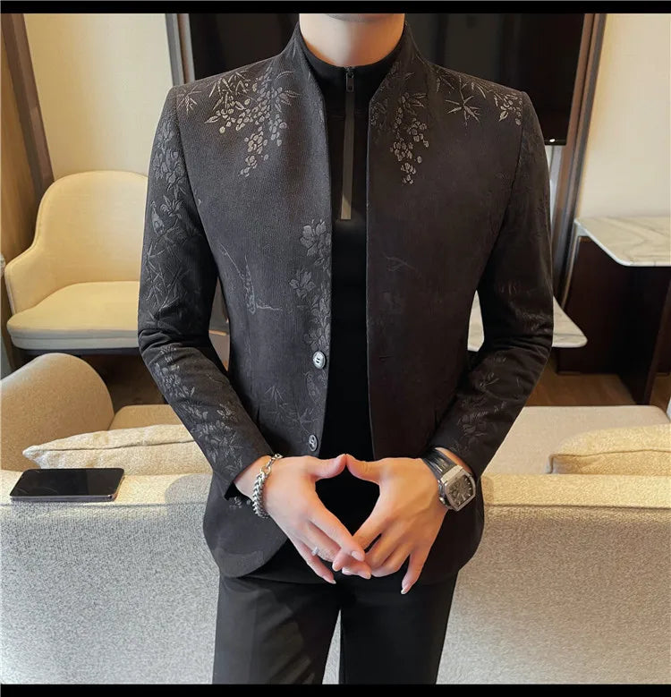 2025 Spring Trendy Jacquard Suit Jacket Men Stand Up Collar Casual Blazers Slim Wedding Business Streetwear Social Dress Coats