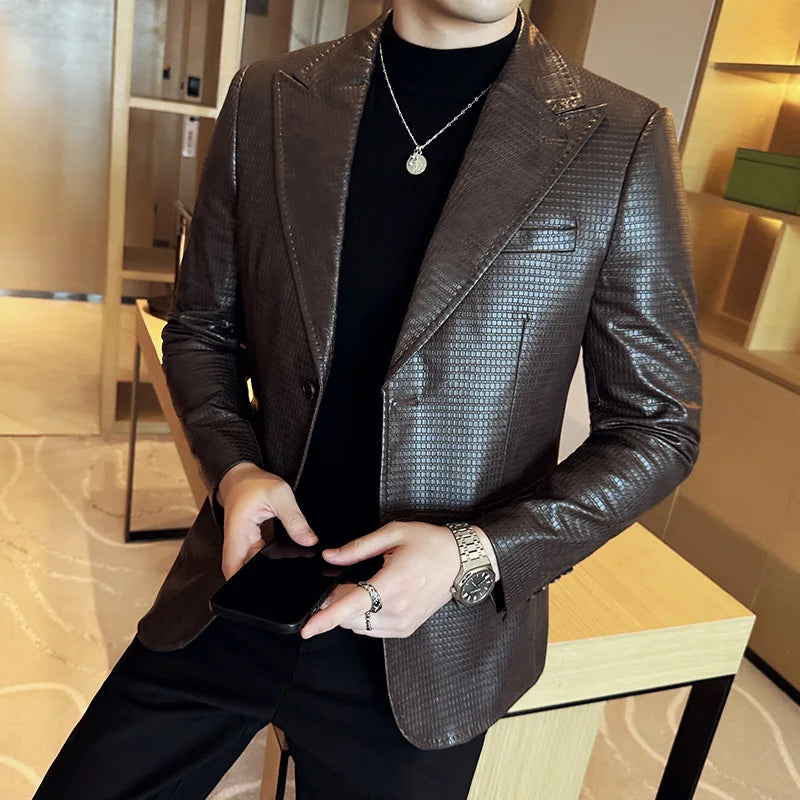 Korean Waffle Leather Suit Jacket Men's Business Casual PU Leather Blazer Slim Fit Wedding Groom Office Social Formal Coats 2026