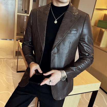 Korean Waffle Leather Suit Jacket Men's Business Casual PU Leather Blazer Slim Fit Wedding Groom Office Social Formal Coats 2026