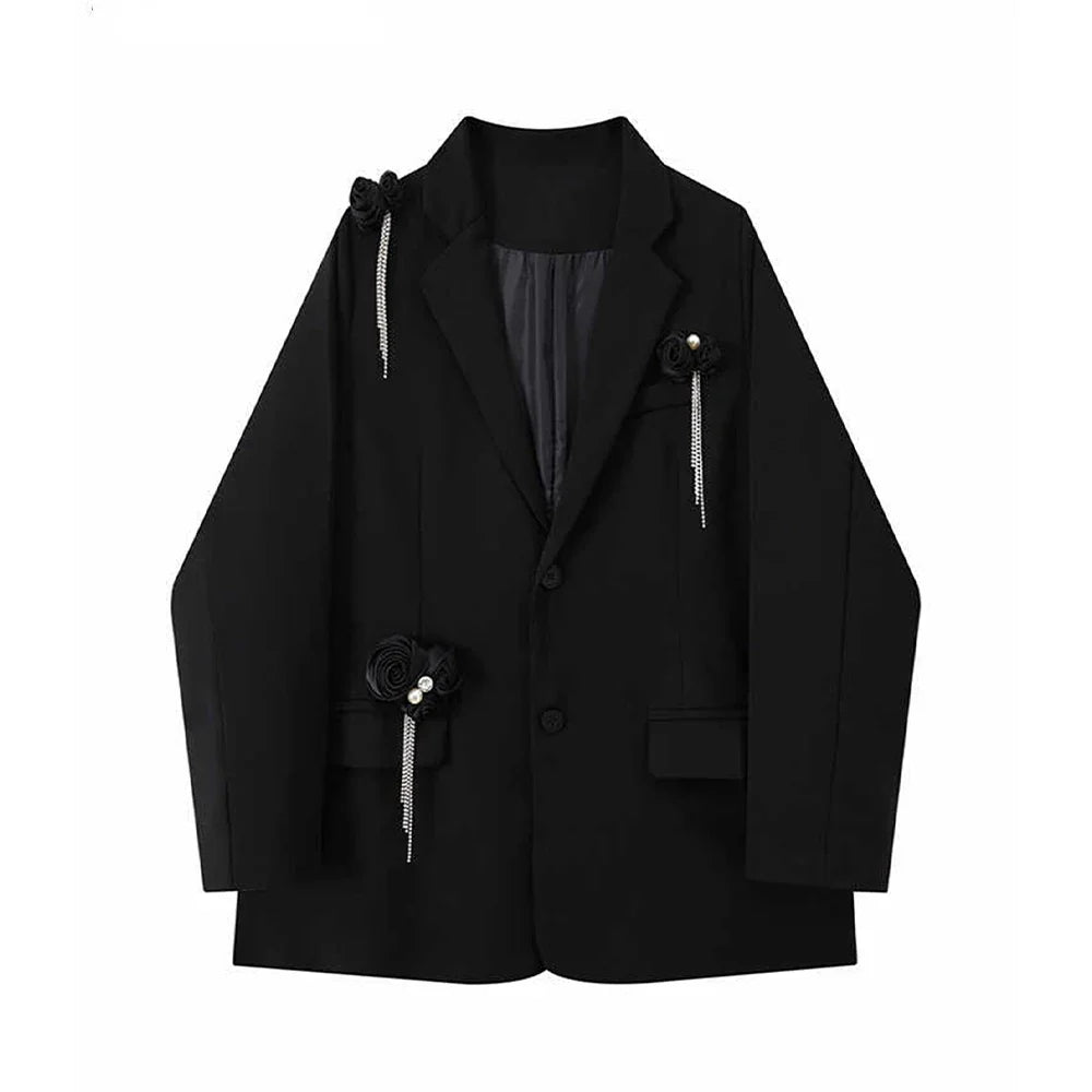 Women Black Gothic 3D Floral Blazer Coat Vintage Streetwear Harajuku Emo 2000s Long Sleeve Suit Jacket Outerwear Clothes Autumn
