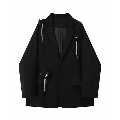 Women Black Gothic 3D Floral Blazer Coat Vintage Streetwear Harajuku Emo 2000s Long Sleeve Suit Jacket Outerwear Clothes Autumn