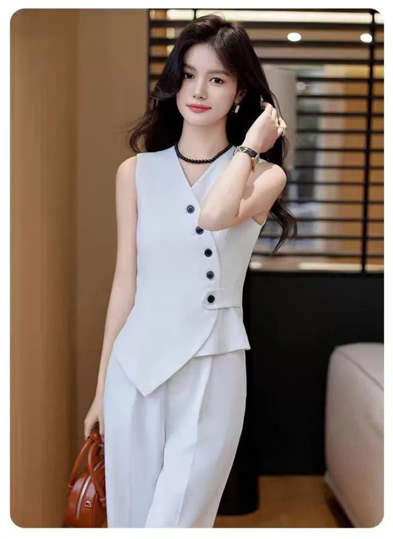 Office Female Suits Vest Coat Spring Summer V-Neck Diagonal Buckle Sleeveless Blazers Jacket Women Fashion Thin Slim Waistcoat