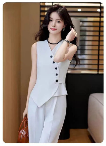 Office Female Suits Vest Coat Spring Summer V-Neck Diagonal Buckle Sleeveless Blazers Jacket Women Fashion Thin Slim Waistcoat