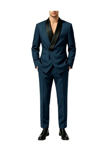 Men's Slim Fit Tuxedo Suit with Black Satin Shawl Lapel – 2-Piece Blazer & Pants for Wedding, Prom & Formal Events