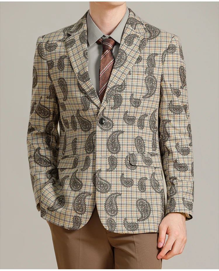 Autumn Winter Cashew Plaid Suit Jacket Men Fashion Casual Embroidered Jacquard Suit Jackets Business Social Party Men Blazers